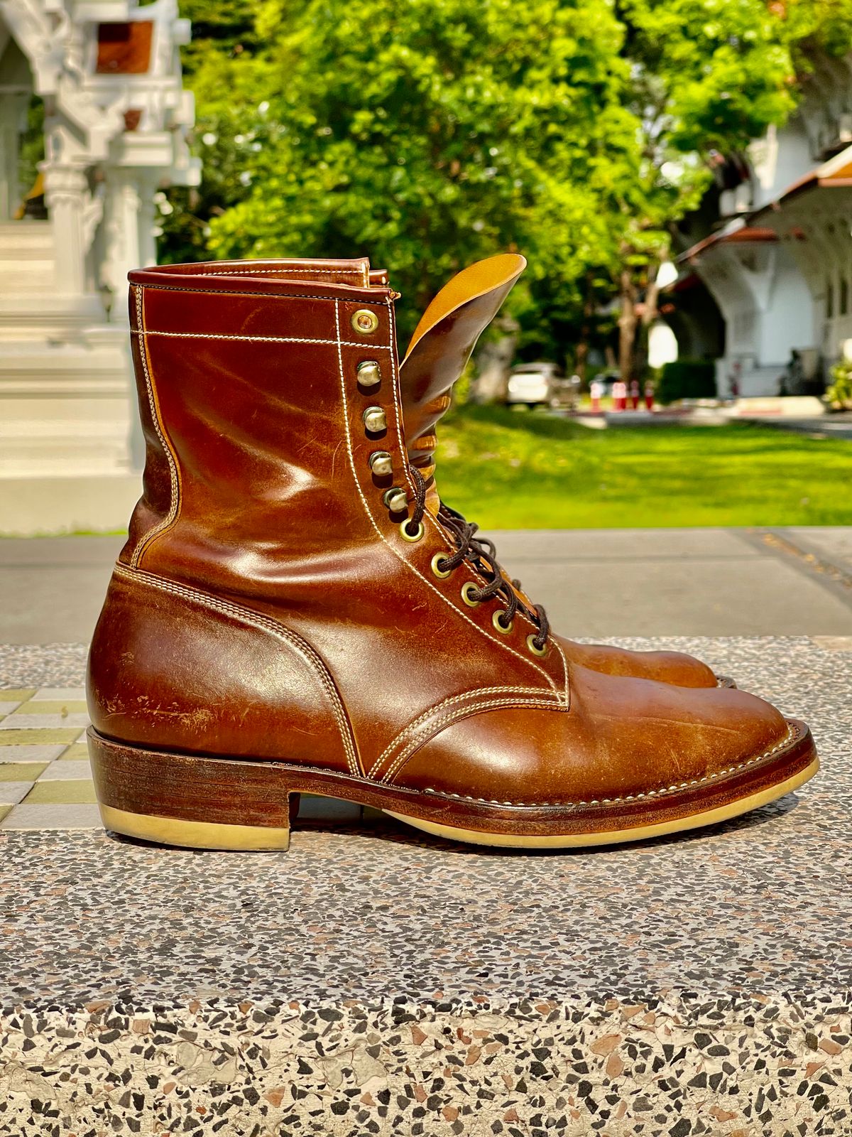 Photo by thebootscientist on April 1, 2023 of the Onderhoud SVC02 Packer Boot in Horween Dark Cognac Shell Cordovan.