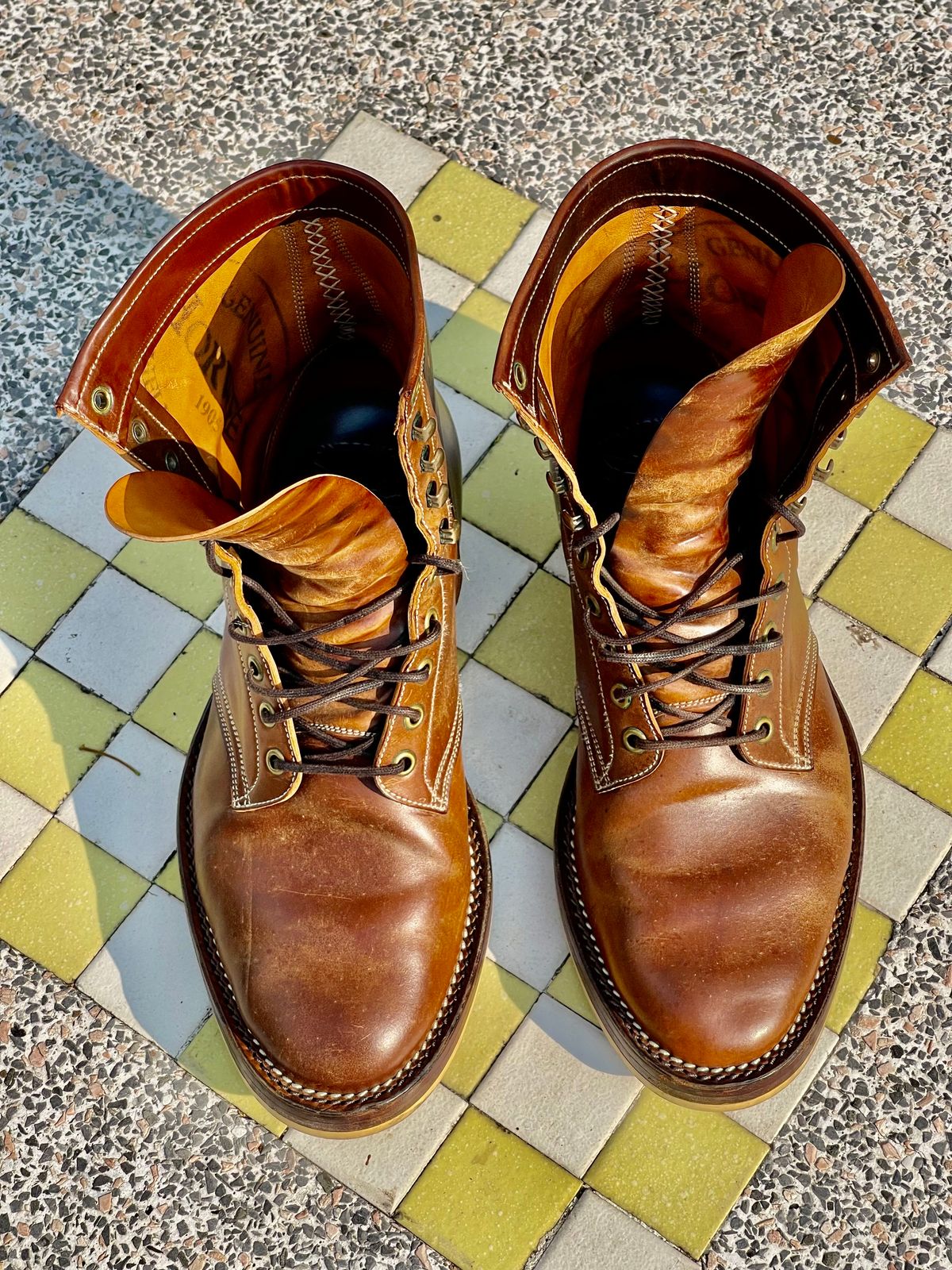 Photo by thebootscientist on April 1, 2023 of the Onderhoud SVC02 Packer Boot in Horween Dark Cognac Shell Cordovan.