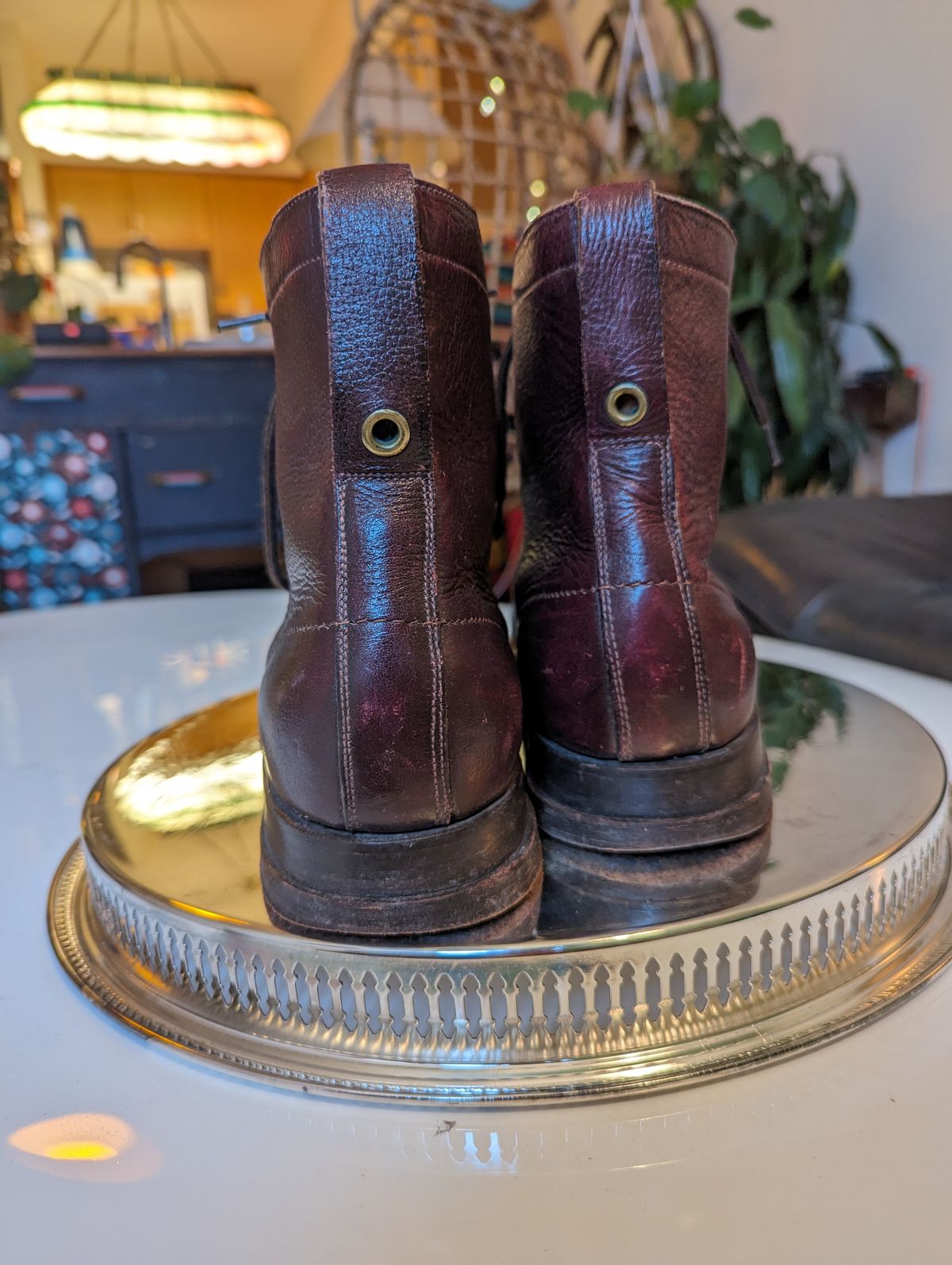 Photo by art.directorofpatina on December 3, 2023 of the Swedish Vintage Boots Television Reporter Boots 1950s in Unknown Leather.