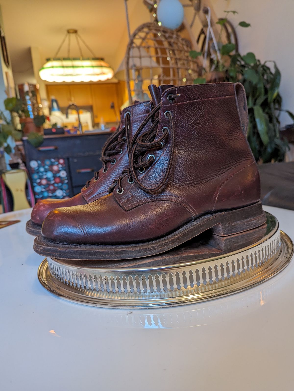 Photo by art.directorofpatina on December 3, 2023 of the Swedish Vintage Boots Television Reporter Boots 1950s in Unknown Leather.
