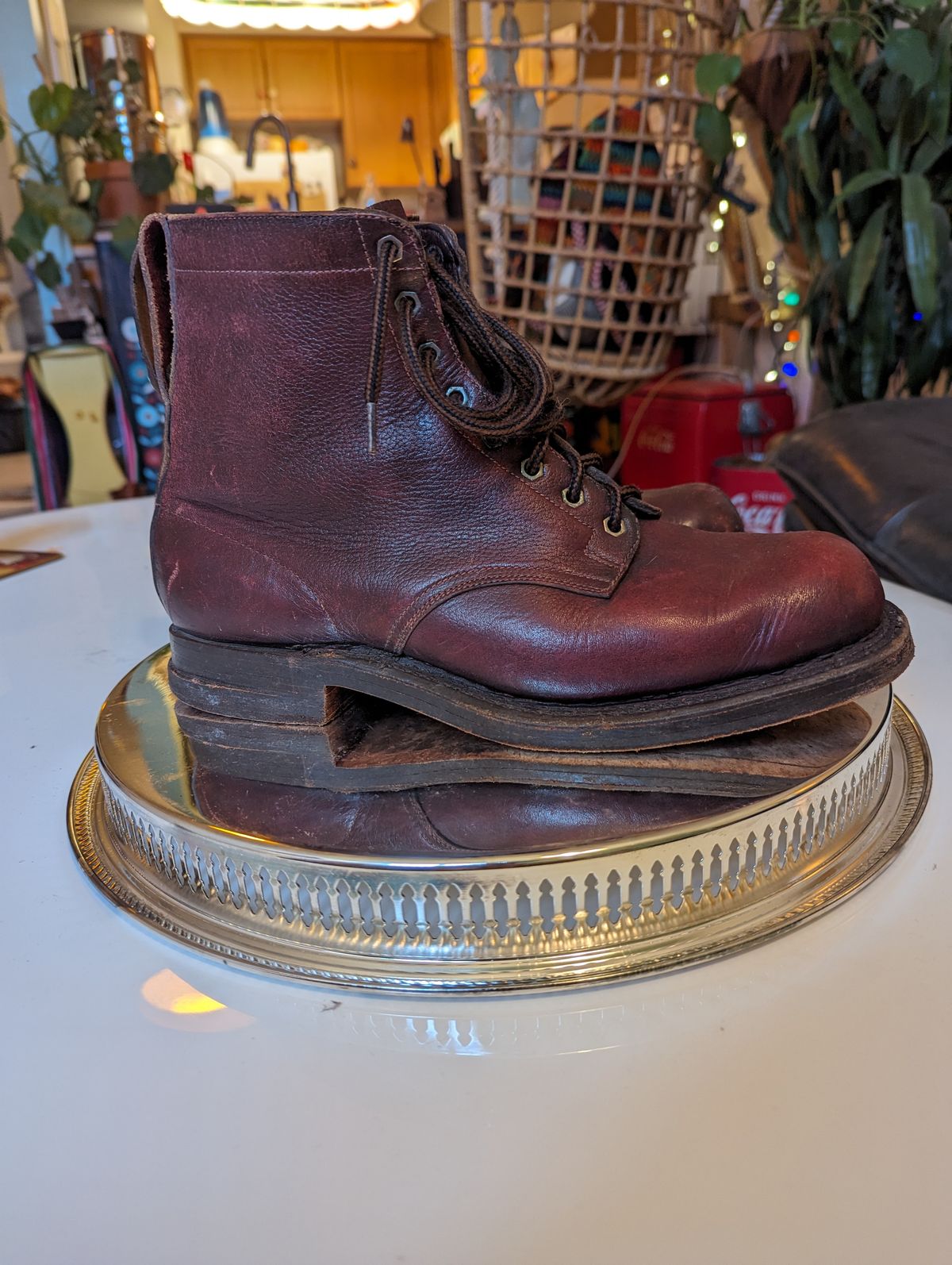 Photo by art.directorofpatina on December 3, 2023 of the Swedish Vintage Boots Television Reporter Boots 1950s in Unknown Leather.
