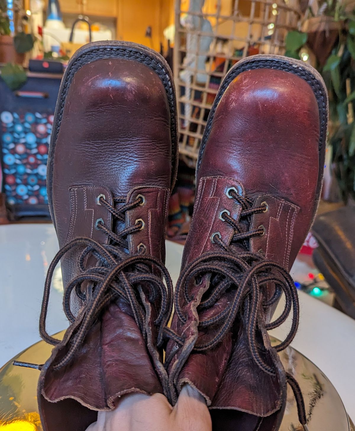Photo by art.directorofpatina on December 3, 2023 of the Swedish Vintage Boots Television Reporter Boots 1950s in Unknown Leather.