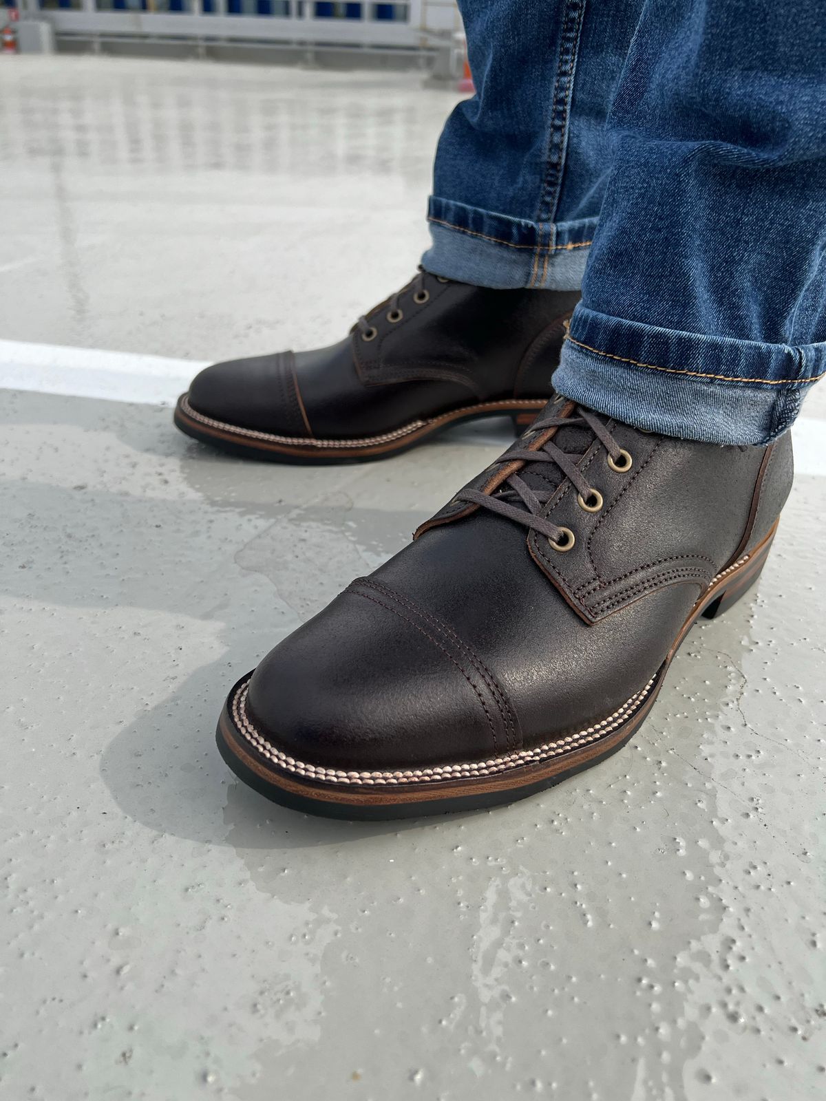 Photo by have.boots.will.travel on October 1, 2022 of the XBXS Derby Boots in Horween Dark Brown Waxed Flesh.