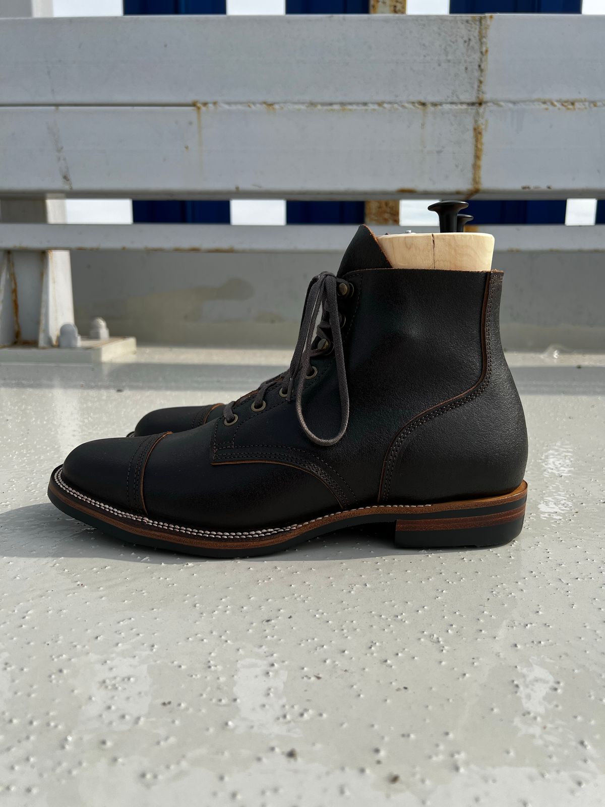 Photo by have.boots.will.travel on October 1, 2022 of the XBXS Derby Boots in Horween Dark Brown Waxed Flesh.