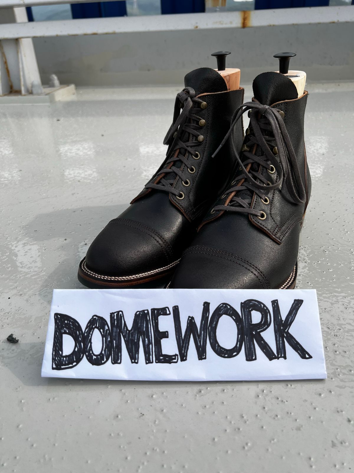 Photo by have.boots.will.travel on October 1, 2022 of the XBXS Derby Boots in Horween Dark Brown Waxed Flesh.