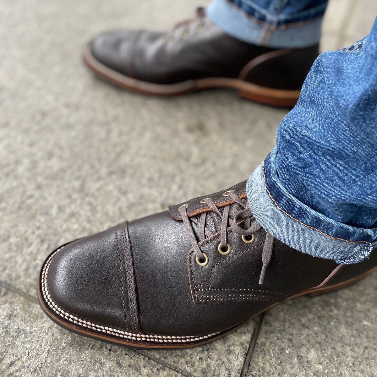 Photo by have.boots.will.travel on October 3, 2022 of the XBXS Derby Boots in Horween Dark Brown Waxed Flesh.