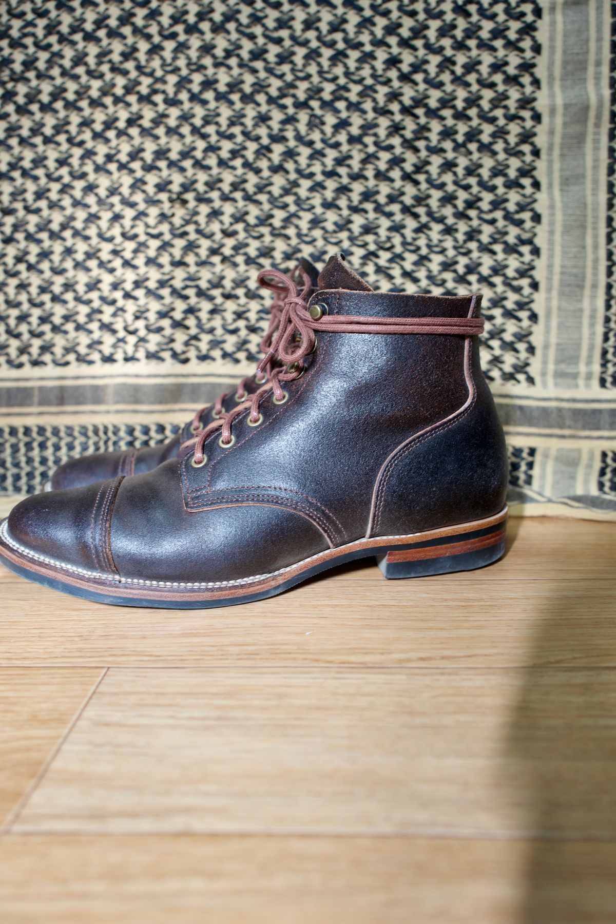 Photo by have.boots.will.travel on November 5, 2022 of the XBXS Derby Boots in Horween Dark Brown Waxed Flesh.
