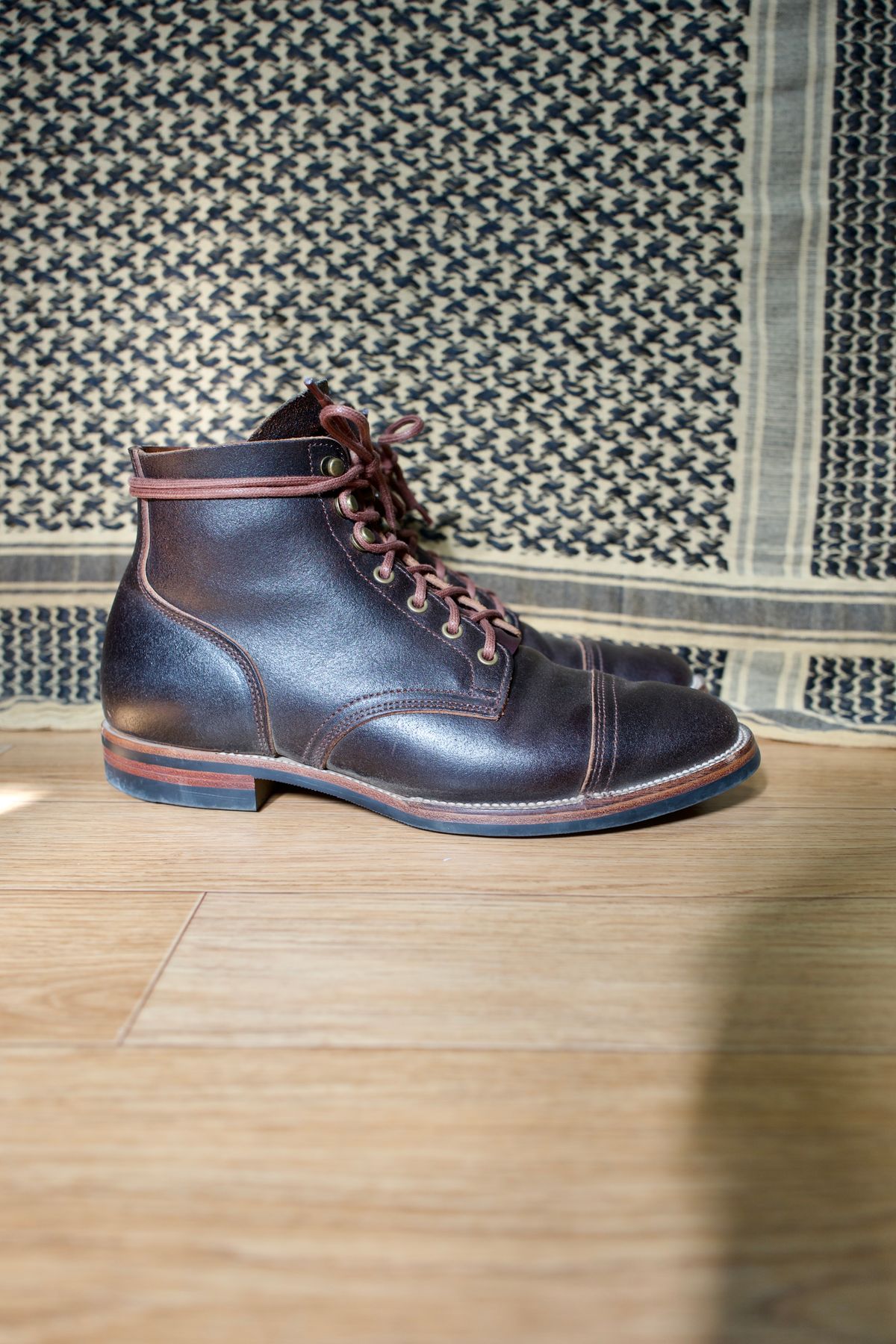 Photo by have.boots.will.travel on November 5, 2022 of the XBXS Derby Boots in Horween Dark Brown Waxed Flesh.
