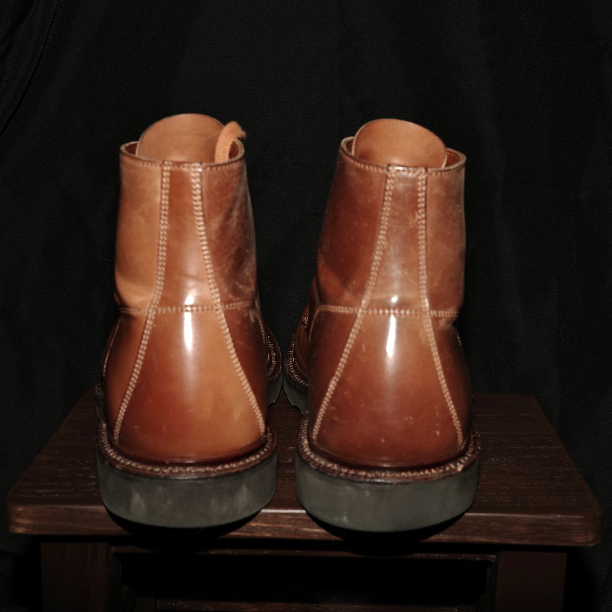Photo by have.boots.will.travel on November 6, 2025 of the Grant Stone Brass Boot in Horween Honey Glazed Shell Cordovan.