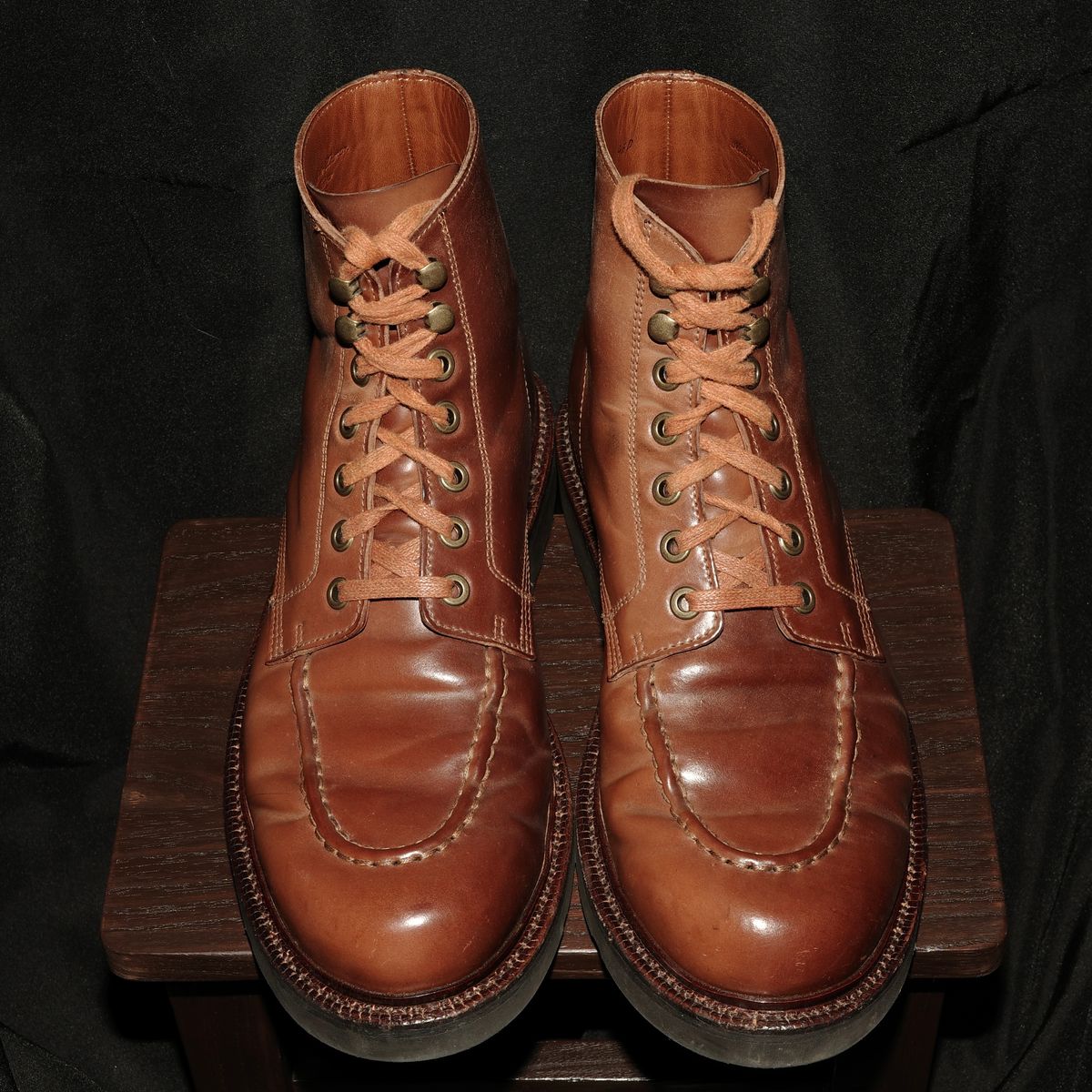 Photo by have.boots.will.travel on November 6, 2025 of the Grant Stone Brass Boot in Horween Honey Glazed Shell Cordovan.