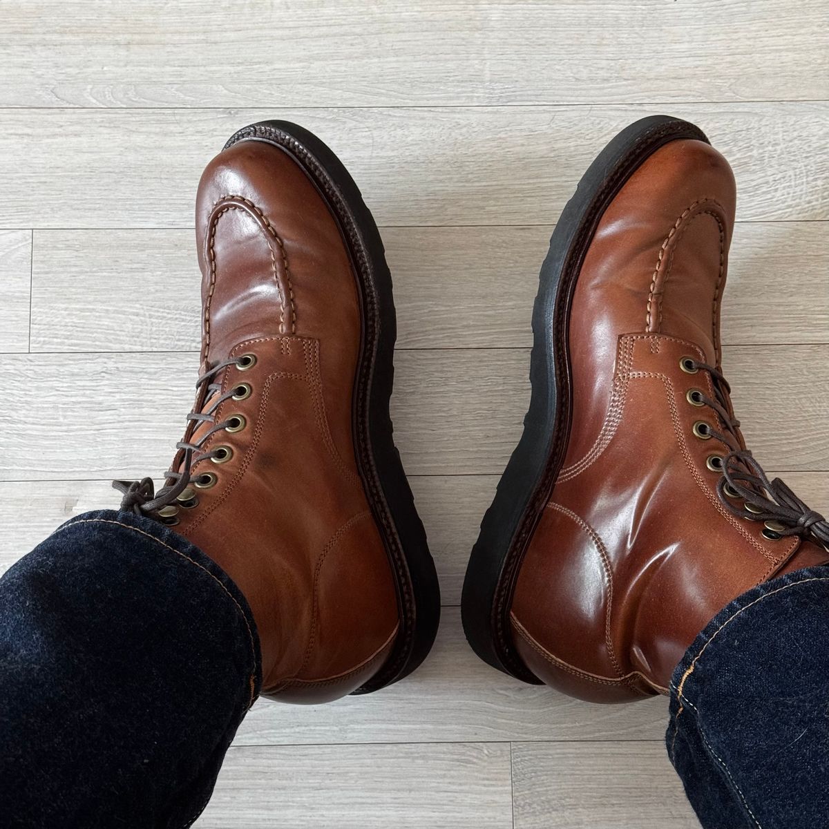 Photo by have.boots.will.travel on November 9, 2025 of the Grant Stone Brass Boot in Horween Honey Glazed Shell Cordovan.