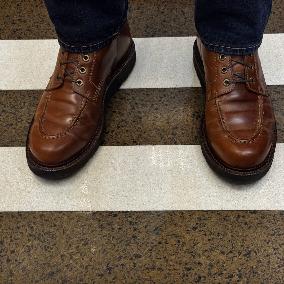 Photo by have.boots.will.travel on November 12, 2025 of the Grant Stone Brass Boot in Horween Honey Glazed Shell Cordovan.