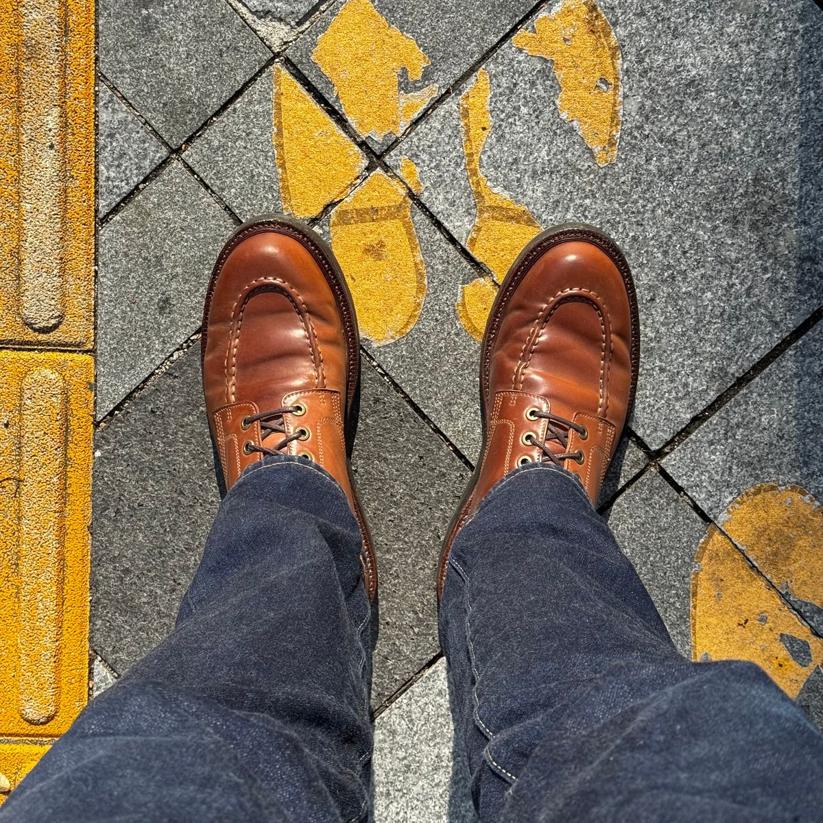 Photo by have.boots.will.travel on December 2, 2025 of the Grant Stone Brass Boot in Horween Honey Glazed Shell Cordovan.
