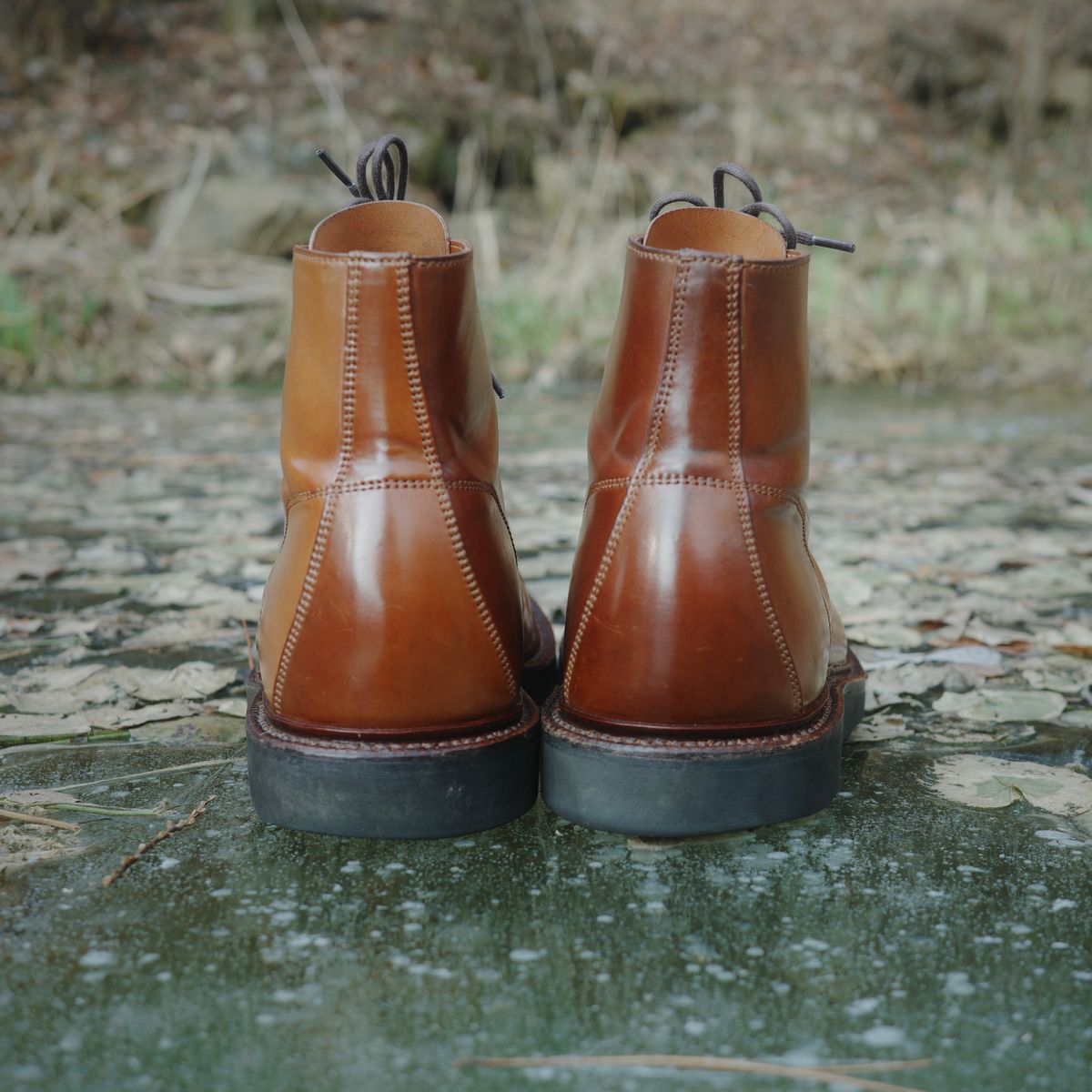 Photo by have.boots.will.travel on January 4, 2026 of the Grant Stone Brass Boot in Horween Honey Glazed Shell Cordovan.