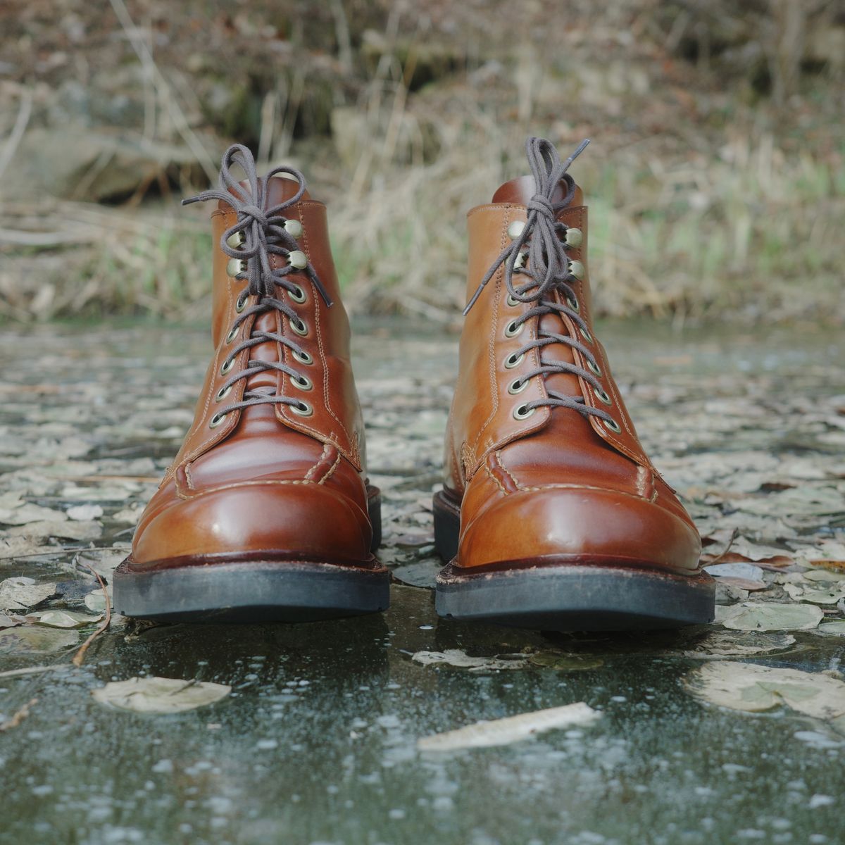 Photo by have.boots.will.travel on January 4, 2026 of the Grant Stone Brass Boot in Horween Honey Glazed Shell Cordovan.
