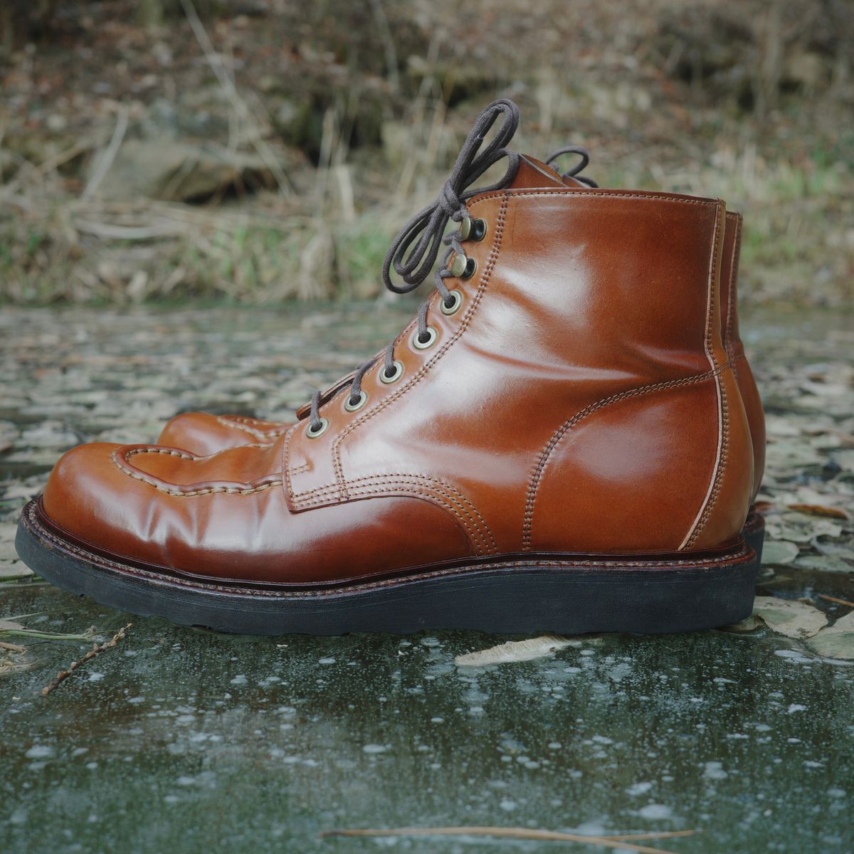 Photo by have.boots.will.travel on January 4, 2026 of the Grant Stone Brass Boot in Horween Honey Glazed Shell Cordovan.