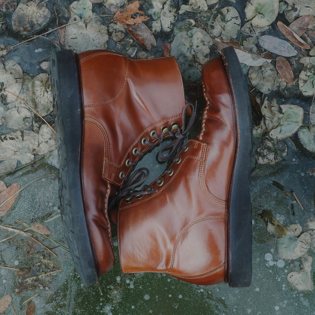 Photo by have.boots.will.travel on January 4, 2026 of the Grant Stone Brass Boot in Horween Honey Glazed Shell Cordovan.