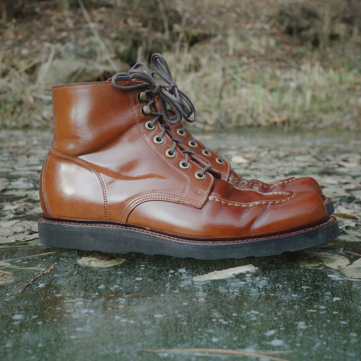 Photo by have.boots.will.travel on January 4, 2026 of the Grant Stone Brass Boot in Horween Honey Glazed Shell Cordovan.