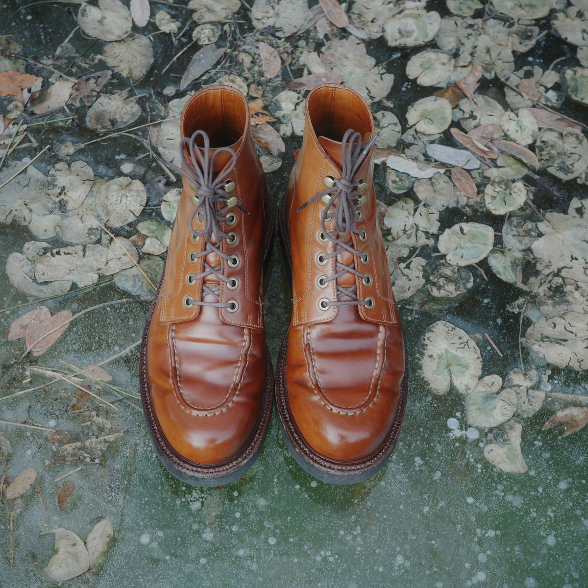 Photo by have.boots.will.travel on January 4, 2026 of the Grant Stone Brass Boot in Horween Honey Glazed Shell Cordovan.