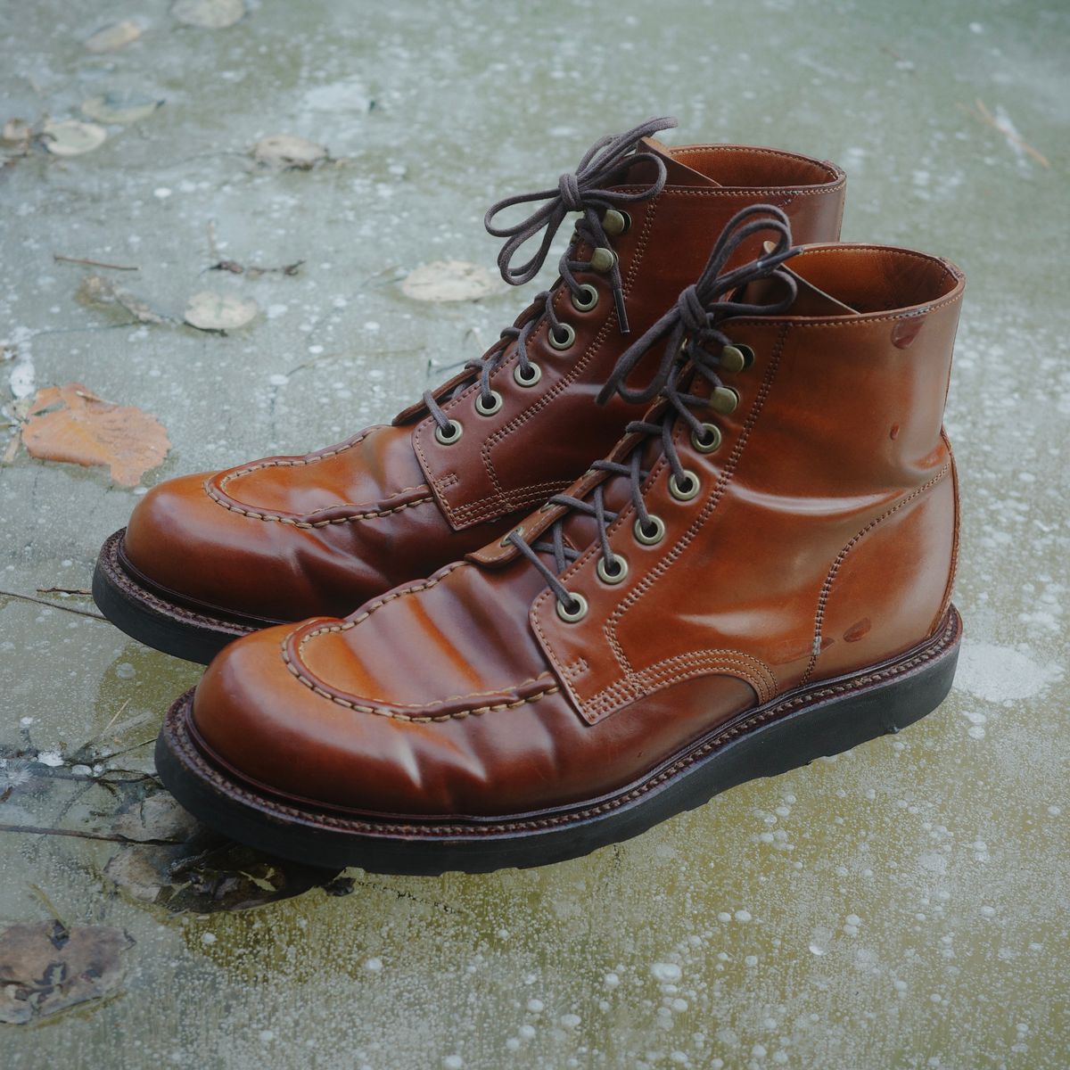 Photo by have.boots.will.travel on January 4, 2026 of the Grant Stone Brass Boot in Horween Honey Glazed Shell Cordovan.