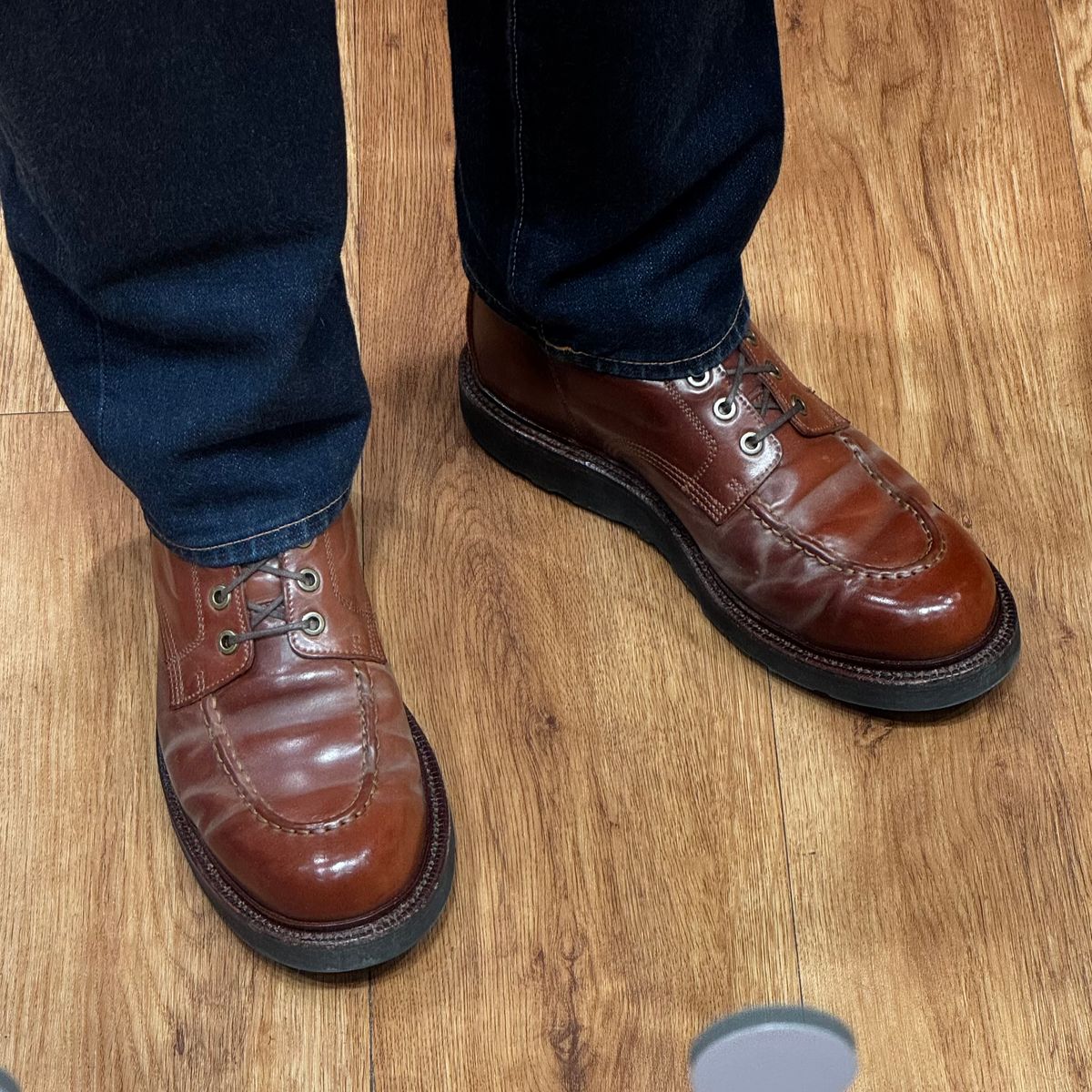 Photo by have.boots.will.travel on January 5, 2026 of the Grant Stone Brass Boot in Horween Honey Glazed Shell Cordovan.