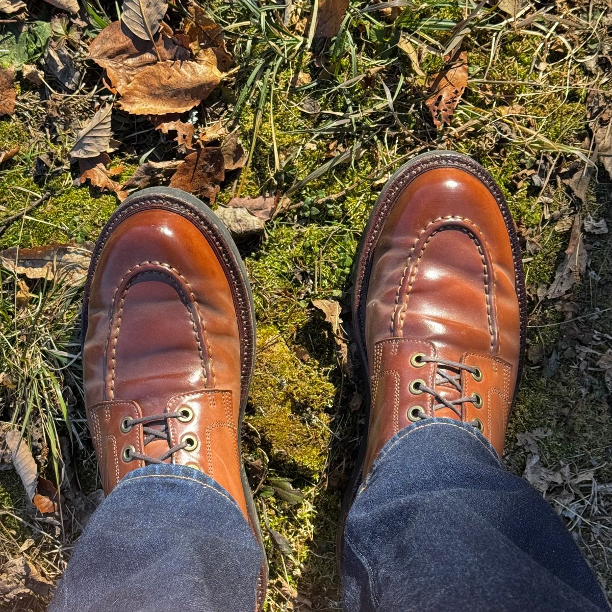 Photo by have.boots.will.travel on January 8, 2026 of the Grant Stone Brass Boot in Horween Honey Glazed Shell Cordovan.