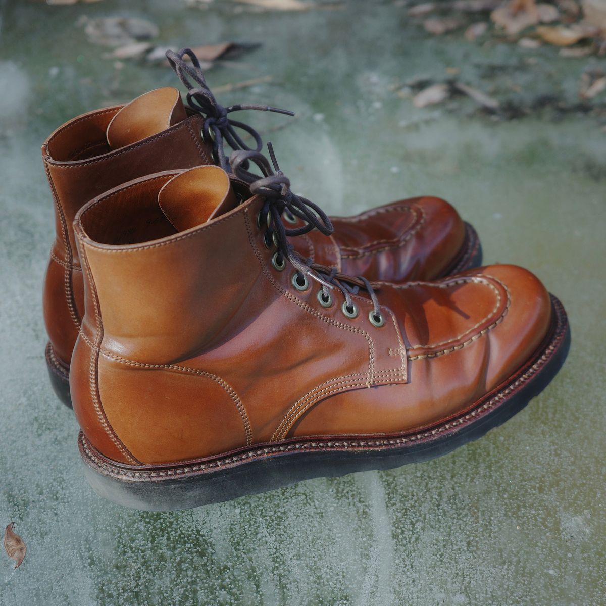 Photo by have.boots.will.travel on January 9, 2026 of the Grant Stone Brass Boot in Horween Honey Glazed Shell Cordovan.