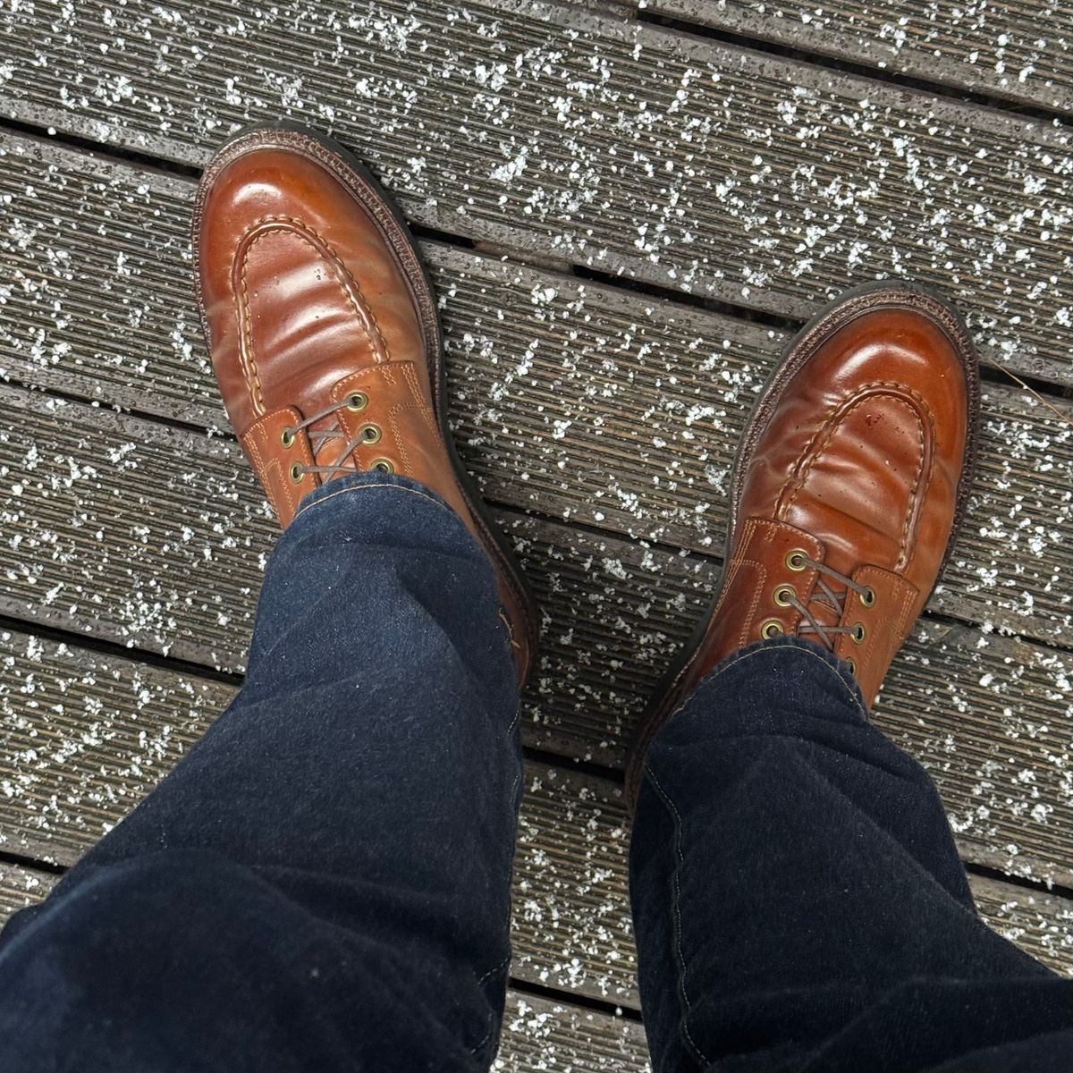 Photo by have.boots.will.travel on January 10, 2026 of the Grant Stone Brass Boot in Horween Honey Glazed Shell Cordovan.