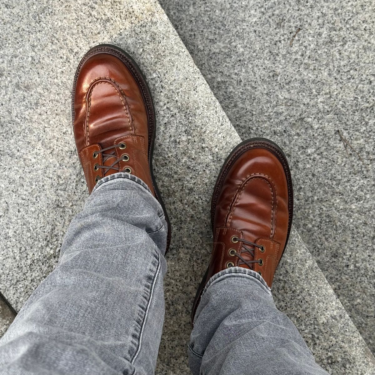 Photo by have.boots.will.travel on January 15, 2026 of the Grant Stone Brass Boot in Horween Honey Glazed Shell Cordovan.