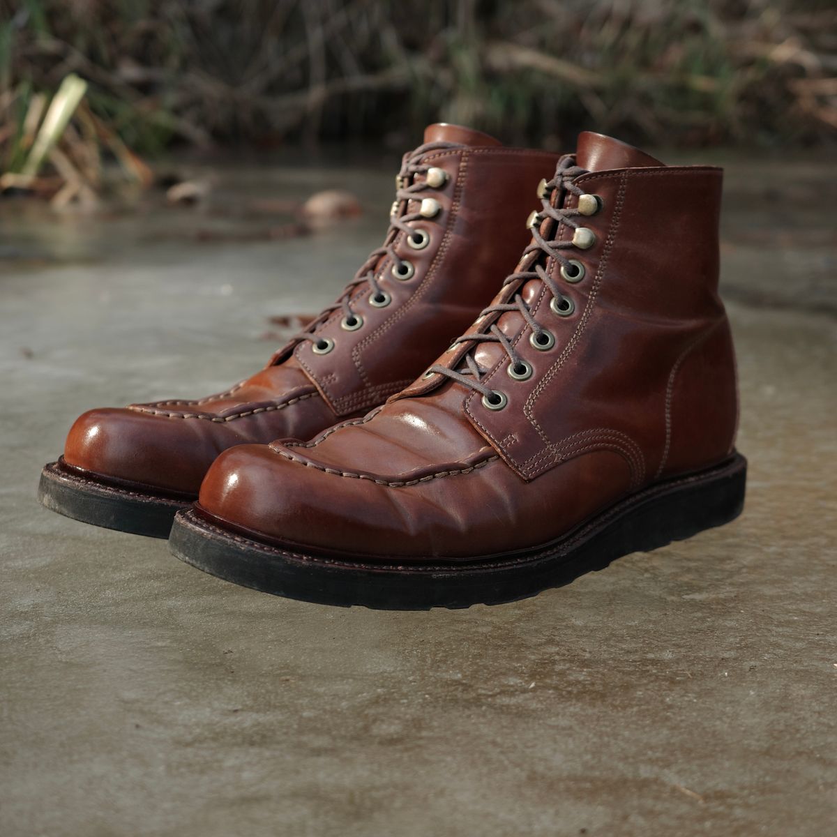 Photo by have.boots.will.travel on January 17, 2026 of the Grant Stone Brass Boot in Horween Honey Glazed Shell Cordovan.