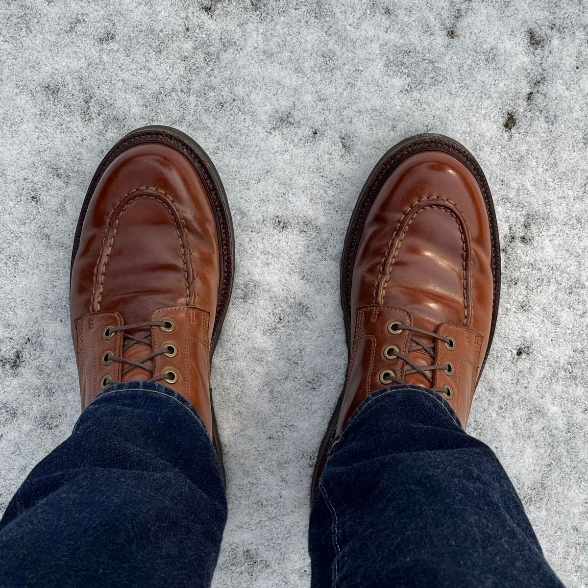 Photo by have.boots.will.travel on January 19, 2026 of the Grant Stone Brass Boot in Horween Honey Glazed Shell Cordovan.