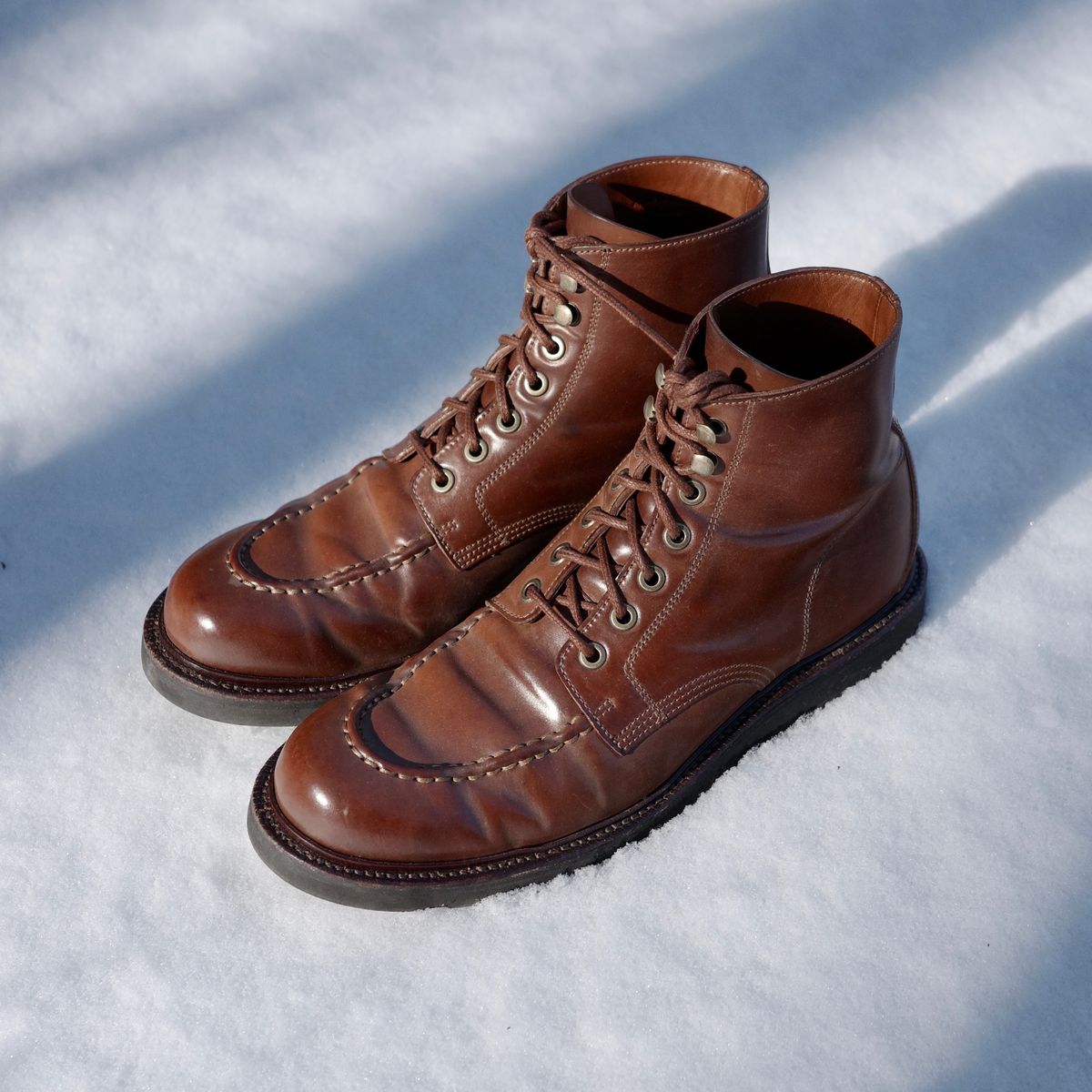 Photo by have.boots.will.travel on January 24, 2026 of the Grant Stone Brass Boot in Horween Honey Glazed Shell Cordovan.
