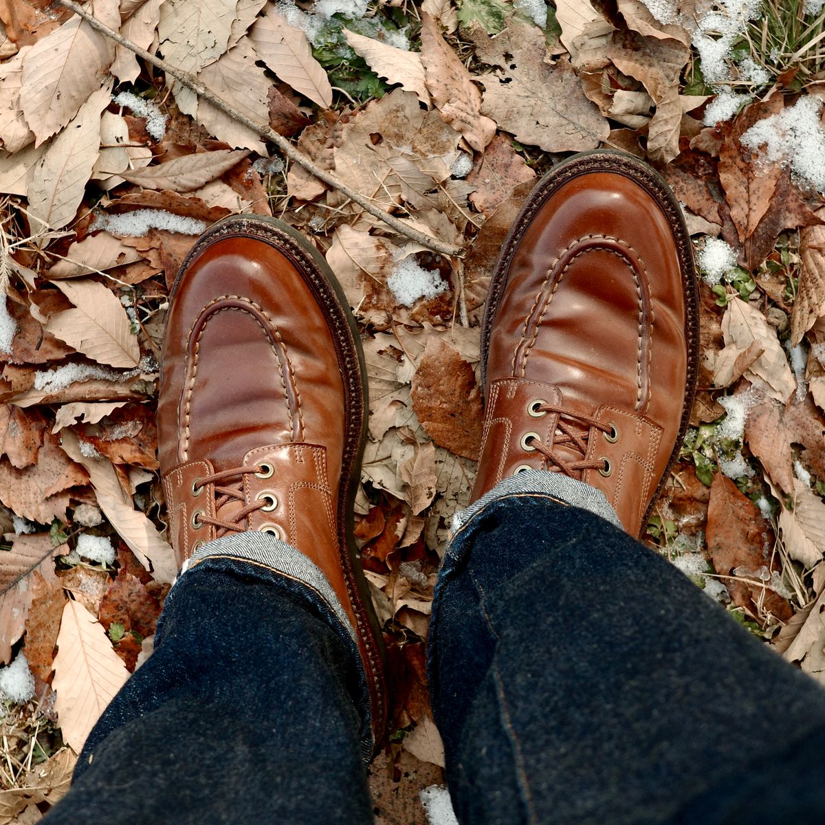 Photo by have.boots.will.travel on January 26, 2026 of the Grant Stone Brass Boot in Horween Honey Glazed Shell Cordovan.