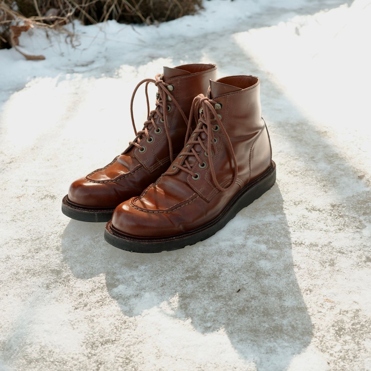 Photo by have.boots.will.travel on February 1, 2026 of the Grant Stone Brass Boot in Horween Honey Glazed Shell Cordovan.