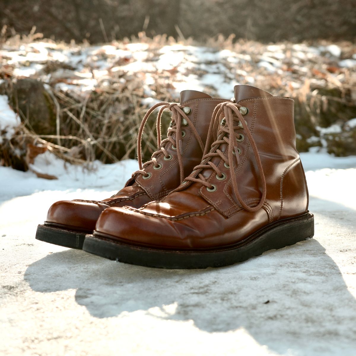 Photo by have.boots.will.travel on February 1, 2026 of the Grant Stone Brass Boot in Horween Honey Glazed Shell Cordovan.