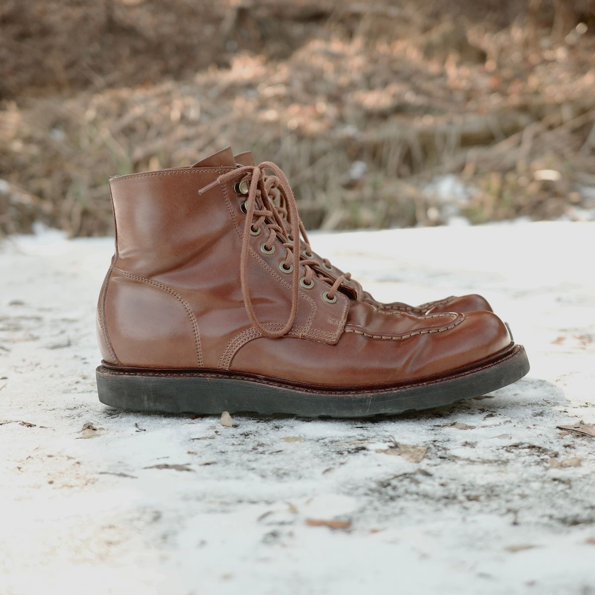 Photo by have.boots.will.travel on February 1, 2026 of the Grant Stone Brass Boot in Horween Honey Glazed Shell Cordovan.
