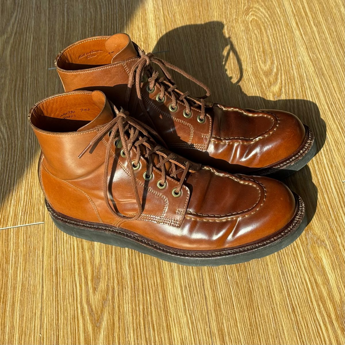 Photo by have.boots.will.travel on February 2, 2026 of the Grant Stone Brass Boot in Horween Honey Glazed Shell Cordovan.