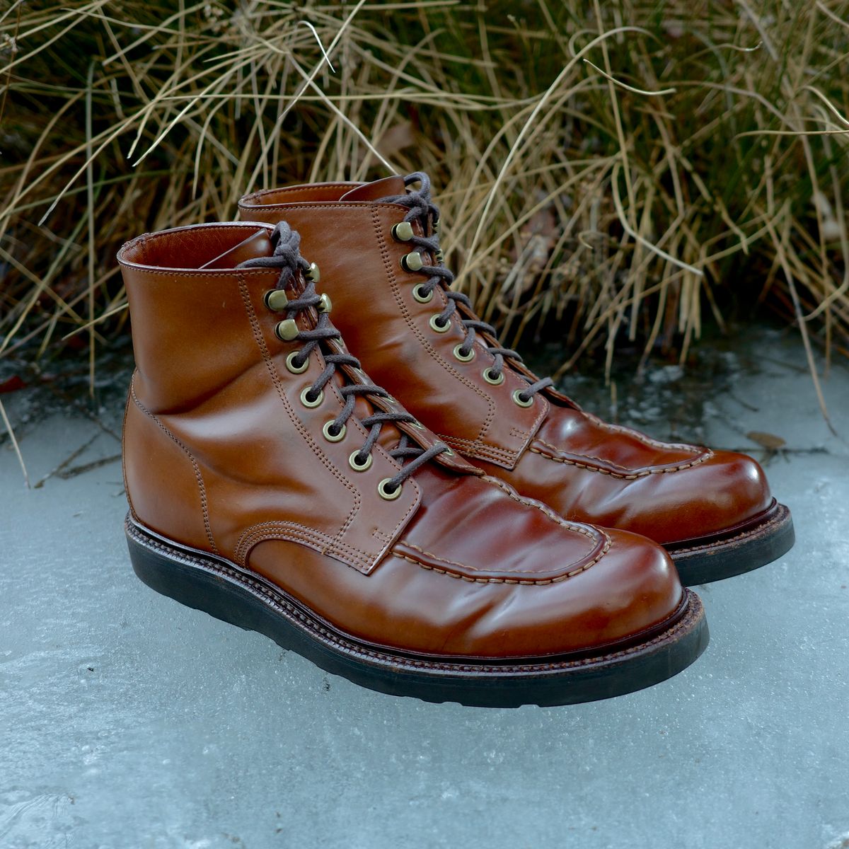 Photo by have.boots.will.travel on February 17, 2026 of the Grant Stone Brass Boot in Horween Honey Glazed Shell Cordovan.