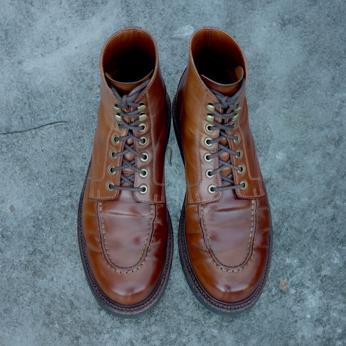 Photo by have.boots.will.travel on February 17, 2026 of the Grant Stone Brass Boot in Horween Honey Glazed Shell Cordovan.