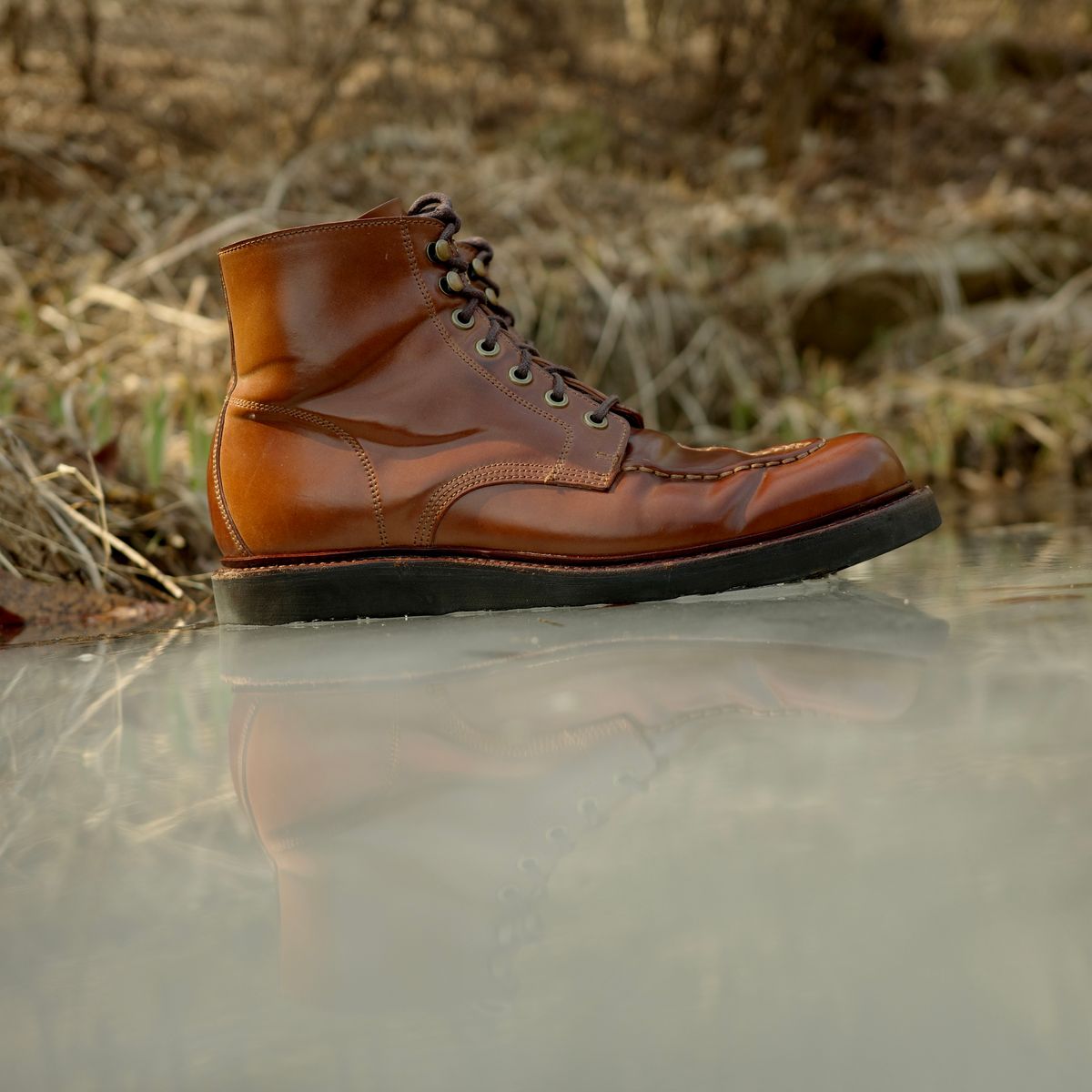 Photo by have.boots.will.travel on February 21, 2026 of the Grant Stone Brass Boot in Horween Honey Glazed Shell Cordovan.