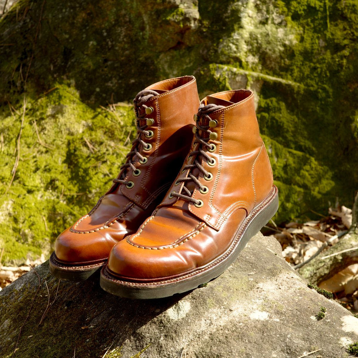Photo by have.boots.will.travel on February 21, 2026 of the Grant Stone Brass Boot in Horween Honey Glazed Shell Cordovan.