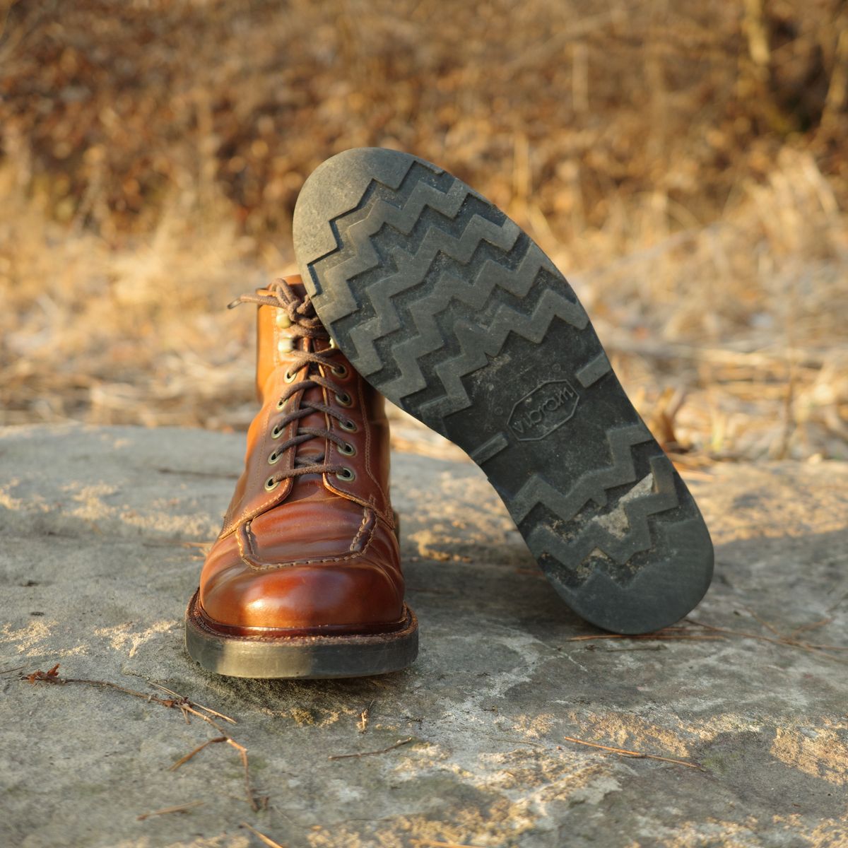 Photo by have.boots.will.travel on March 3, 2026 of the Grant Stone Brass Boot in Horween Honey Glazed Shell Cordovan.