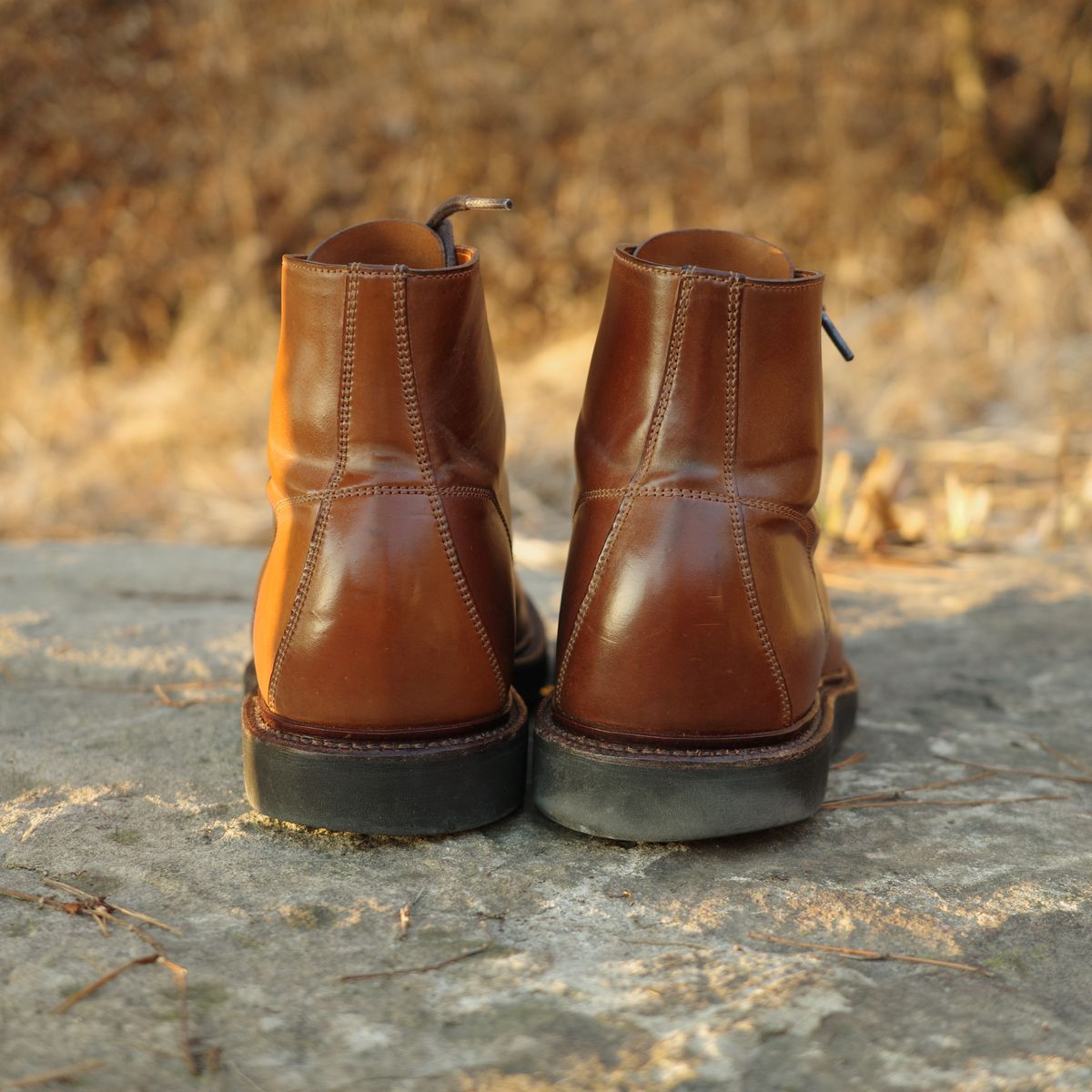 Photo by have.boots.will.travel on March 3, 2026 of the Grant Stone Brass Boot in Horween Honey Glazed Shell Cordovan.