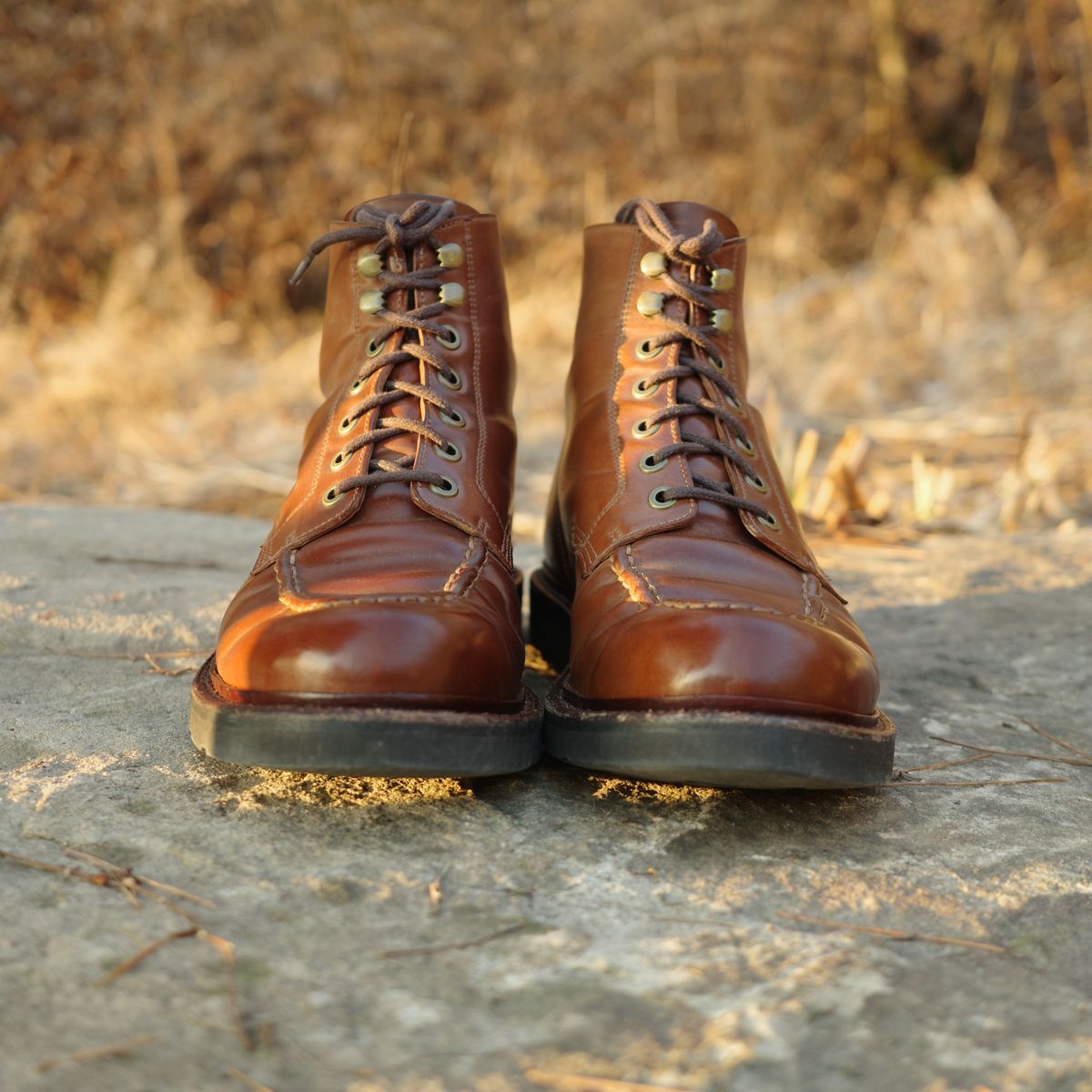 Photo by have.boots.will.travel on March 3, 2026 of the Grant Stone Brass Boot in Horween Honey Glazed Shell Cordovan.