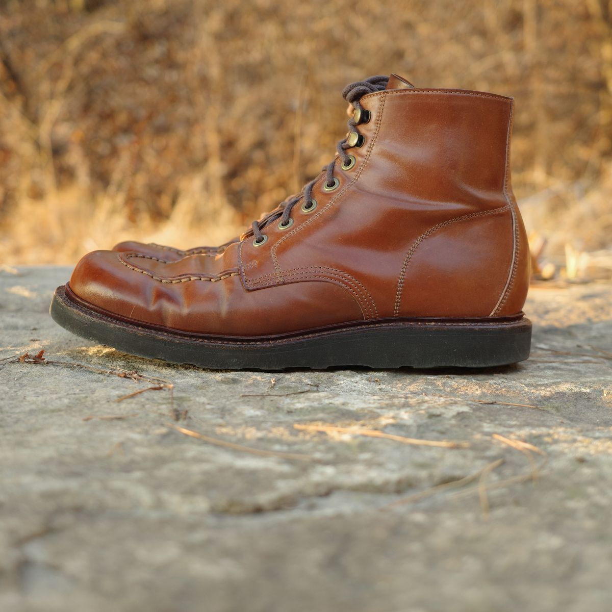 Photo by have.boots.will.travel on March 3, 2026 of the Grant Stone Brass Boot in Horween Honey Glazed Shell Cordovan.