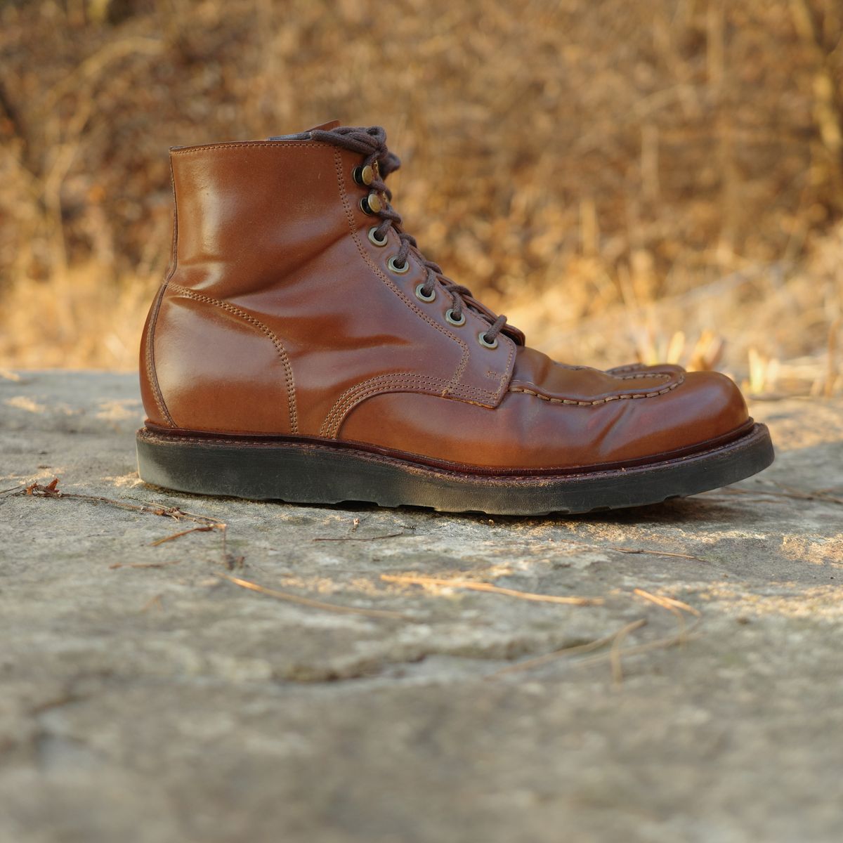 Photo by have.boots.will.travel on March 3, 2026 of the Grant Stone Brass Boot in Horween Honey Glazed Shell Cordovan.