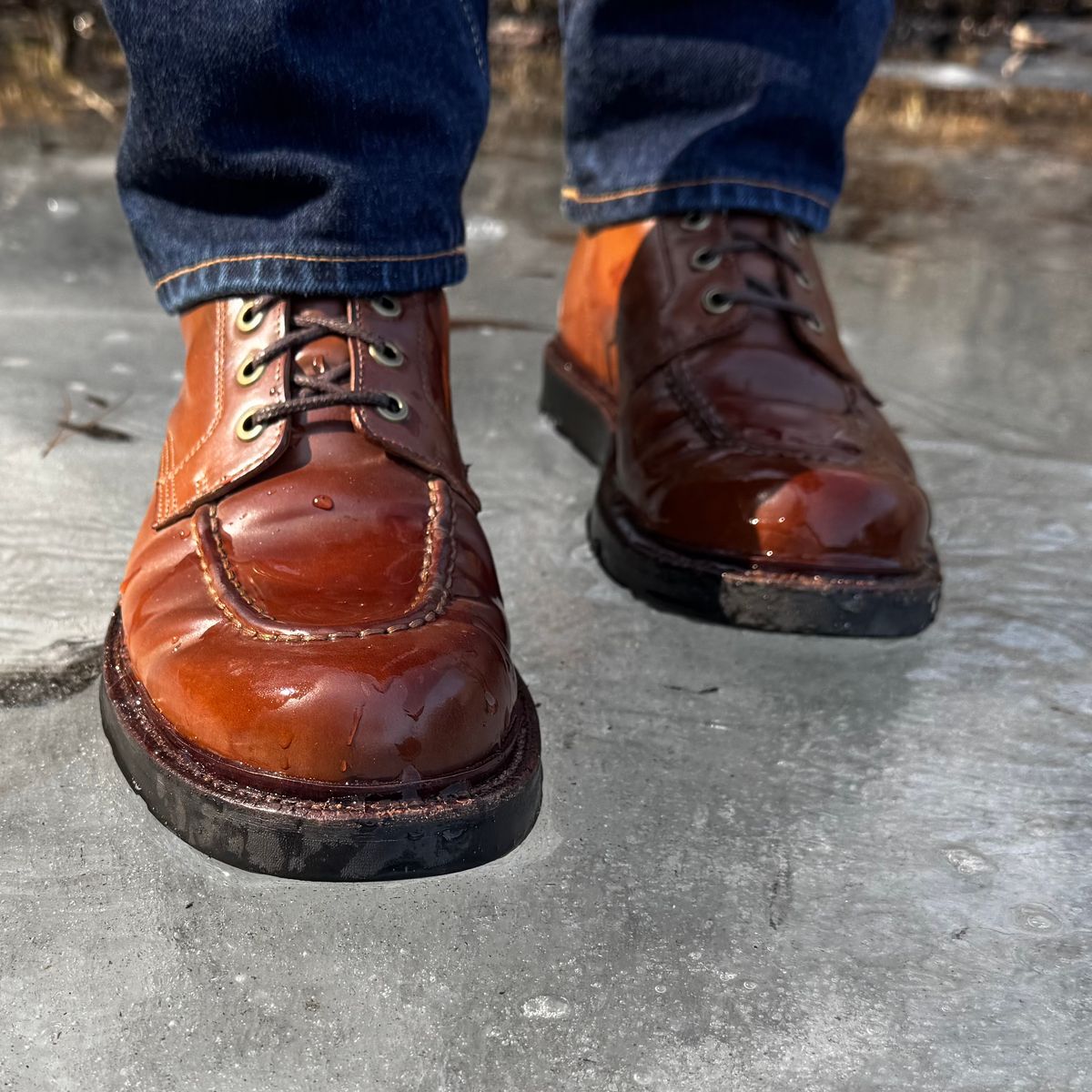 Photo by have.boots.will.travel on February 21, 2026 of the Grant Stone Brass Boot in Horween Honey Glazed Shell Cordovan.