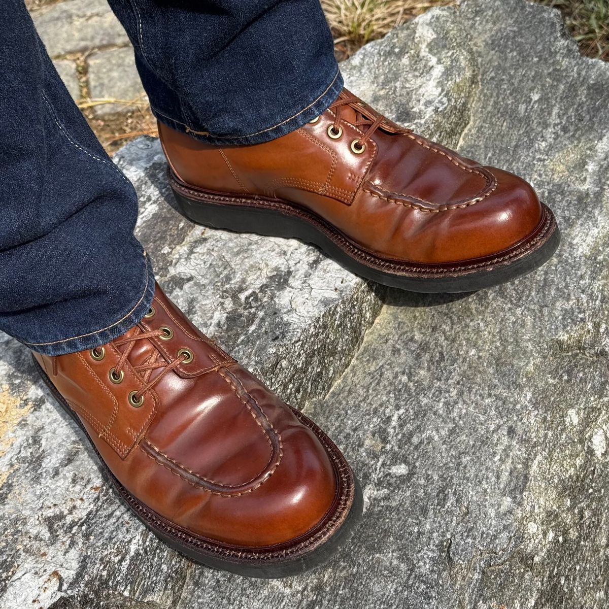 Photo by have.boots.will.travel on March 16, 2026 of the Grant Stone Brass Boot in Horween Honey Glazed Shell Cordovan.