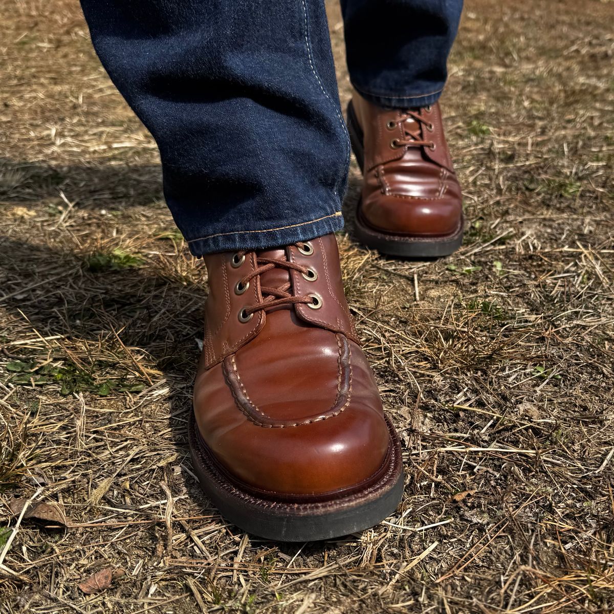 Photo by have.boots.will.travel on March 16, 2026 of the Grant Stone Brass Boot in Horween Honey Glazed Shell Cordovan.