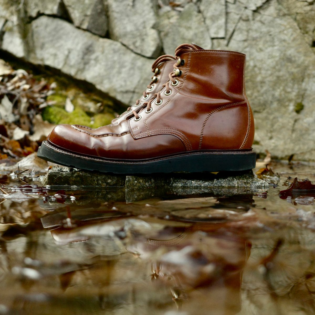 Photo by have.boots.will.travel on March 20, 2026 of the Grant Stone Brass Boot in Horween Honey Glazed Shell Cordovan.